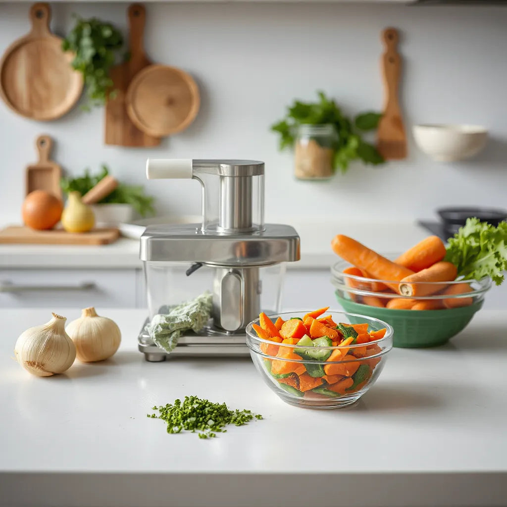 Stainless steel vegetable chopper on a countertop with fresh vegetables and a bowl of chopped pieces
