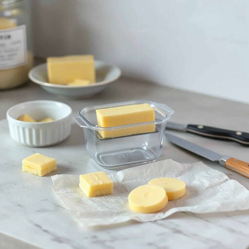 Butter cutter container on a clean kitchen counter with neatly portioned butter inside.