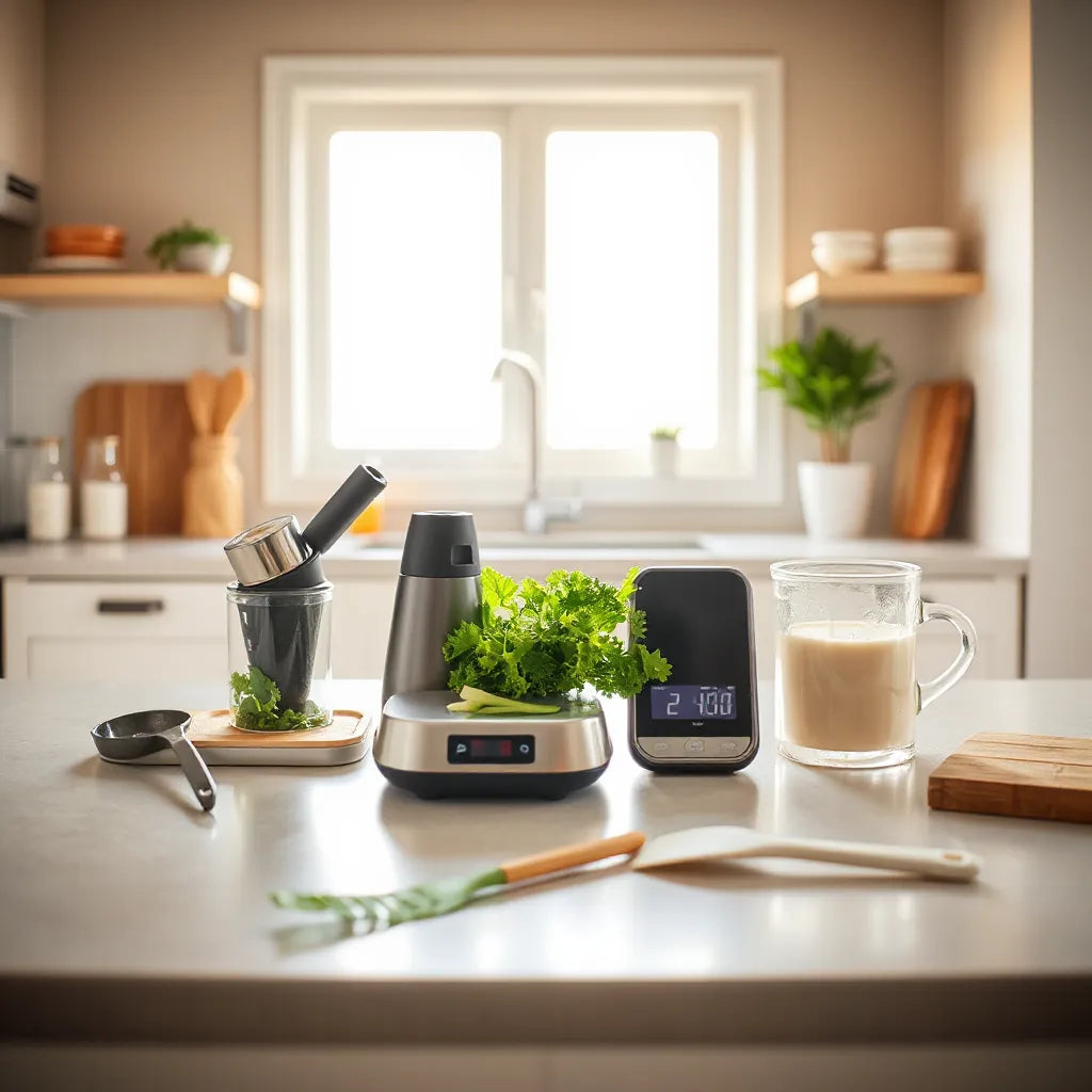 Modern kitchen gadgets on a bright countertop, including slicer, garlic press, frother, scale, and spatula.