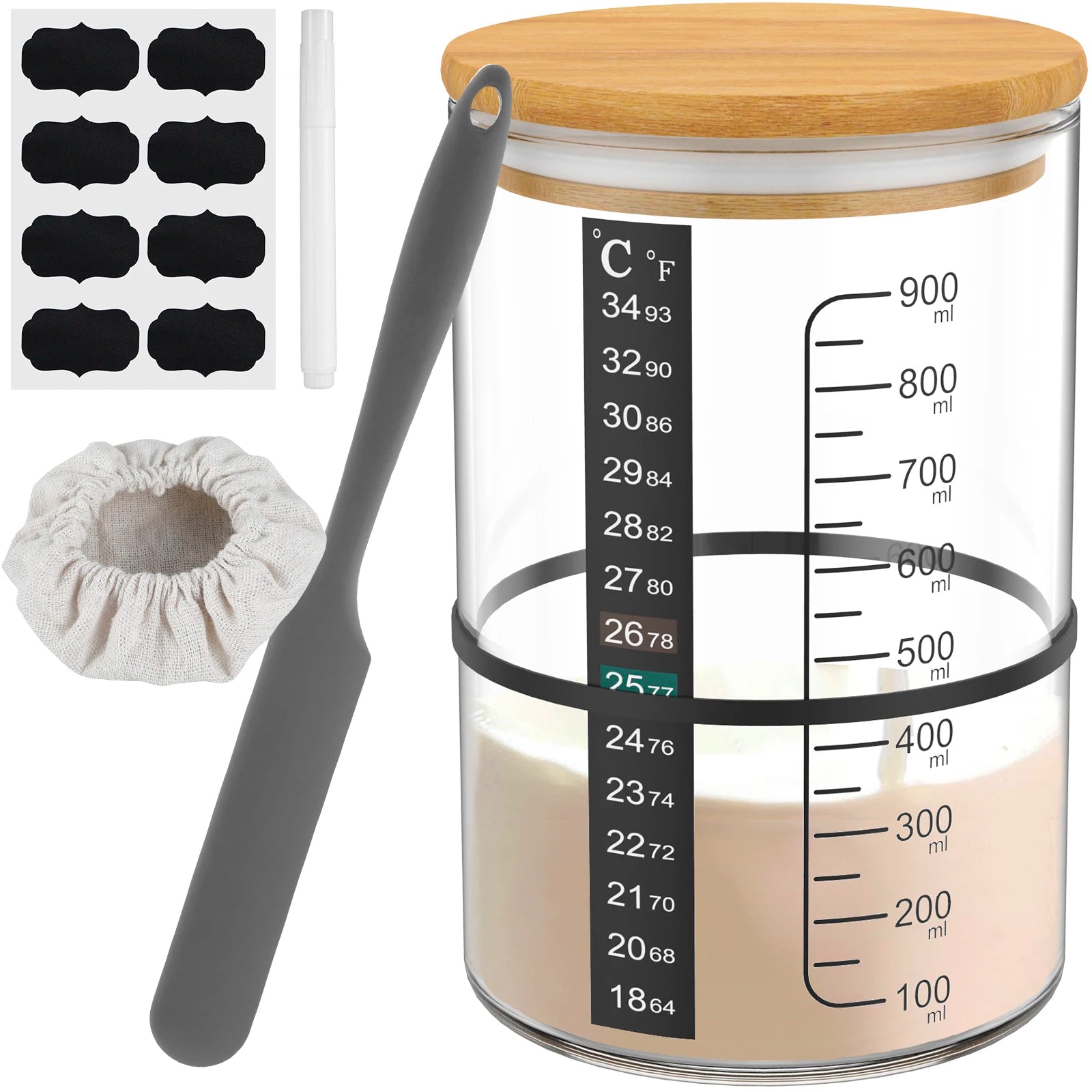9Pcs Sourdough Starter Jar Kit 900ML Sourdough Starter Container Reusable Wide Mouth Glass Sourdough Fermentation Jar for Baking