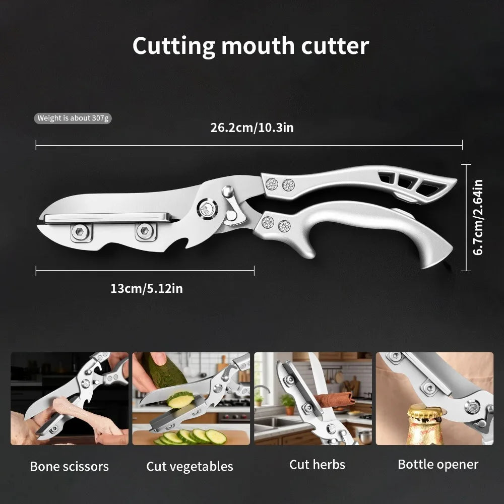 2-in-1 Cutting Board Scissors with Lock - Flat Stainless Steel Surface, Heavy Duty for Chicken Bones Vegetables & BBQ
