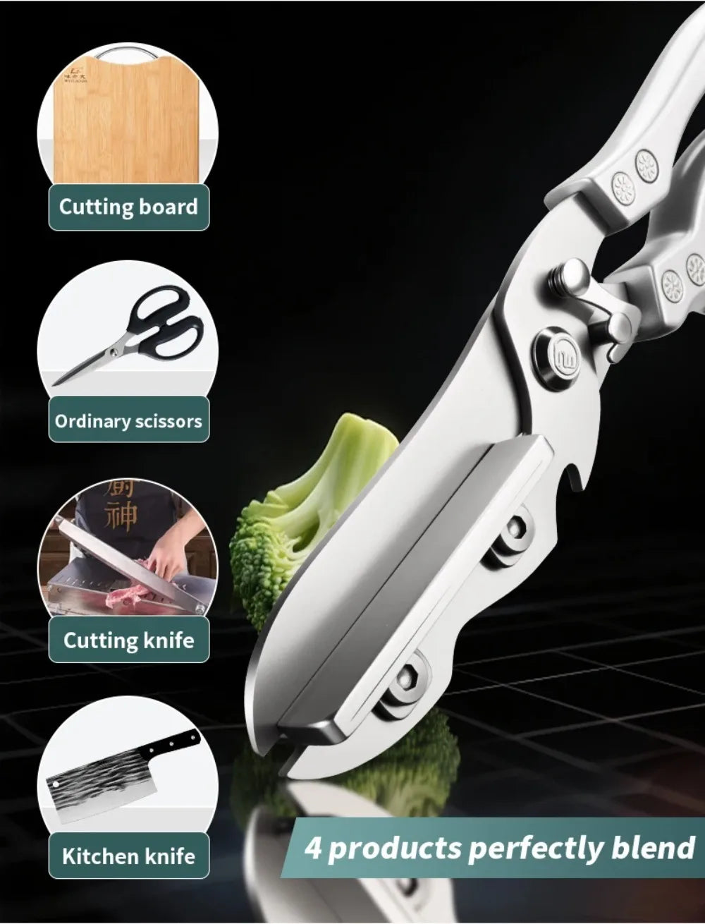 2-in-1 Cutting Board Scissors with Lock - Flat Stainless Steel Surface, Heavy Duty for Chicken Bones Vegetables & BBQ