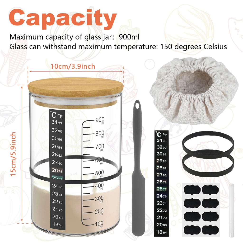 9Pcs Sourdough Starter Jar Kit 900ML Sourdough Starter Container Reusable Wide Mouth Glass Sourdough Fermentation Jar for Baking