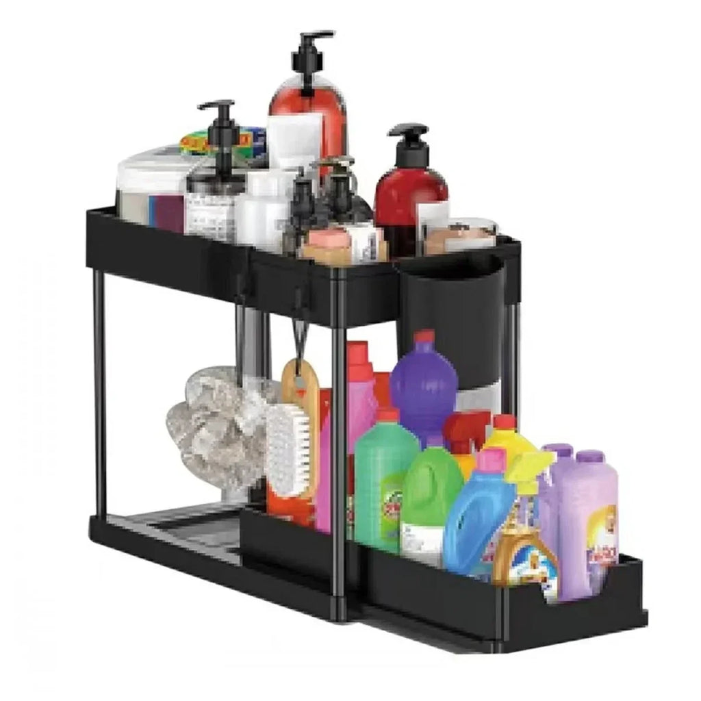 2 Tier Under Sink Sliding Cabinet Basket Organizer Storage Rack with Hooks Hanging Cup Bathroom Multifunctional Storage Rack
