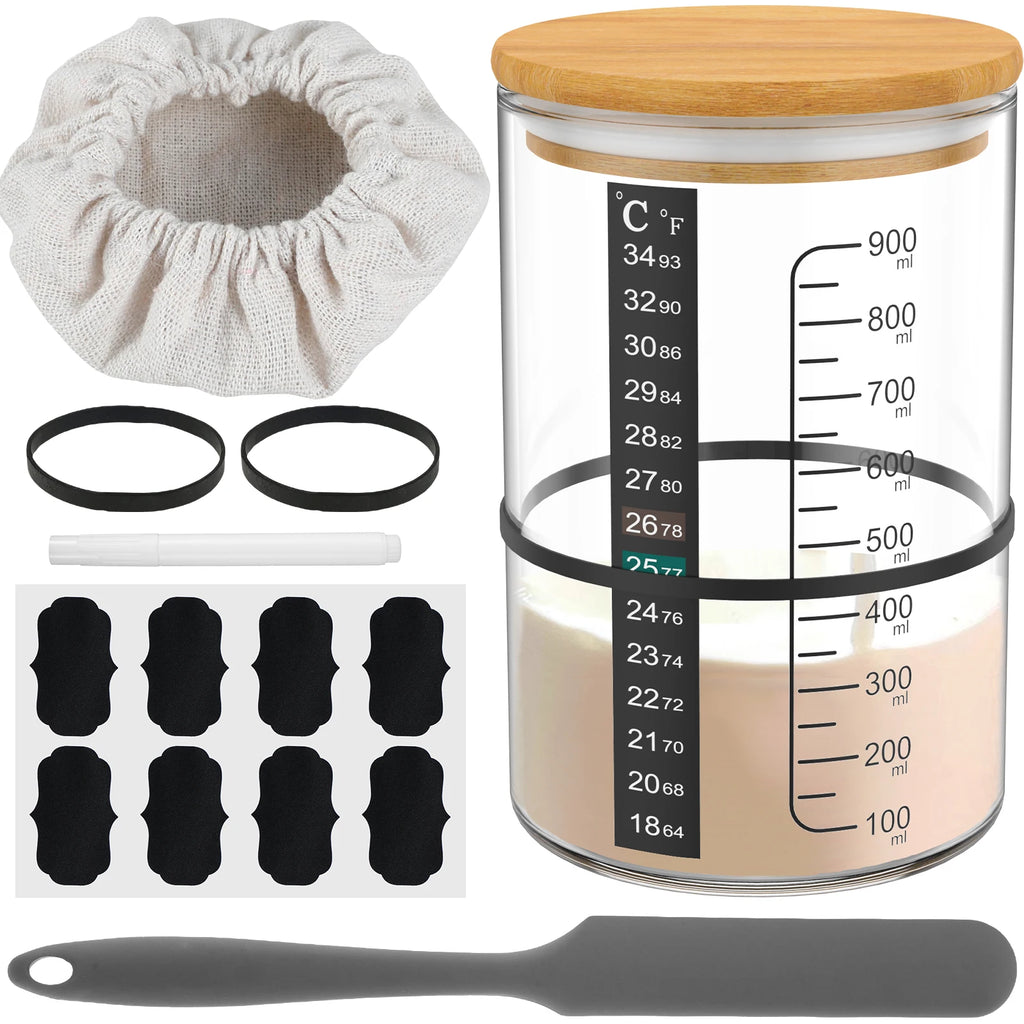 9Pcs Sourdough Starter Jar Kit 900ML Sourdough Starter Container Reusable Wide Mouth Glass Sourdough Fermentation Jar for Baking
