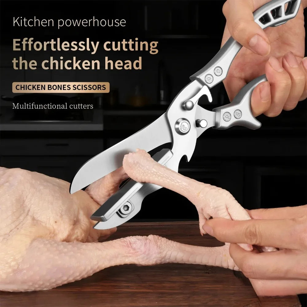 2-in-1 Cutting Board Scissors with Lock - Flat Stainless Steel Surface, Heavy Duty for Chicken Bones Vegetables & BBQ
