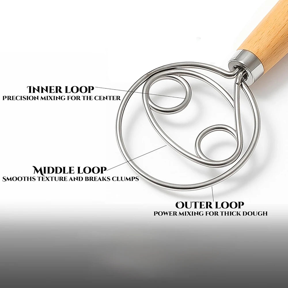 304 Stainless Steel Dough Whisk with Smooth Wooden Handle Sourdough & Bread Mixing 13 Inch Danish Dough Whisk Bread Tools