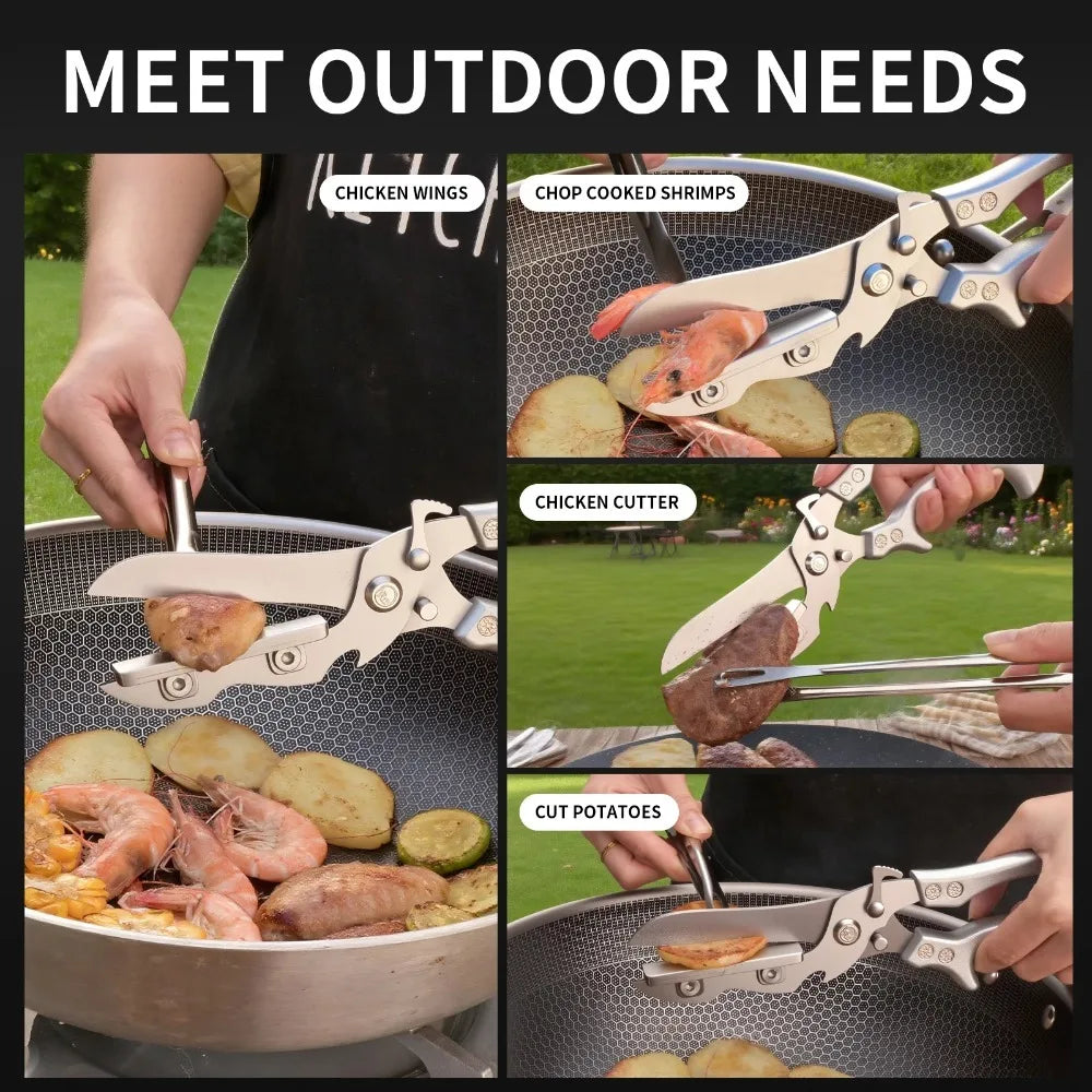 2-in-1 Cutting Board Scissors with Lock - Flat Stainless Steel Surface, Heavy Duty for Chicken Bones Vegetables & BBQ