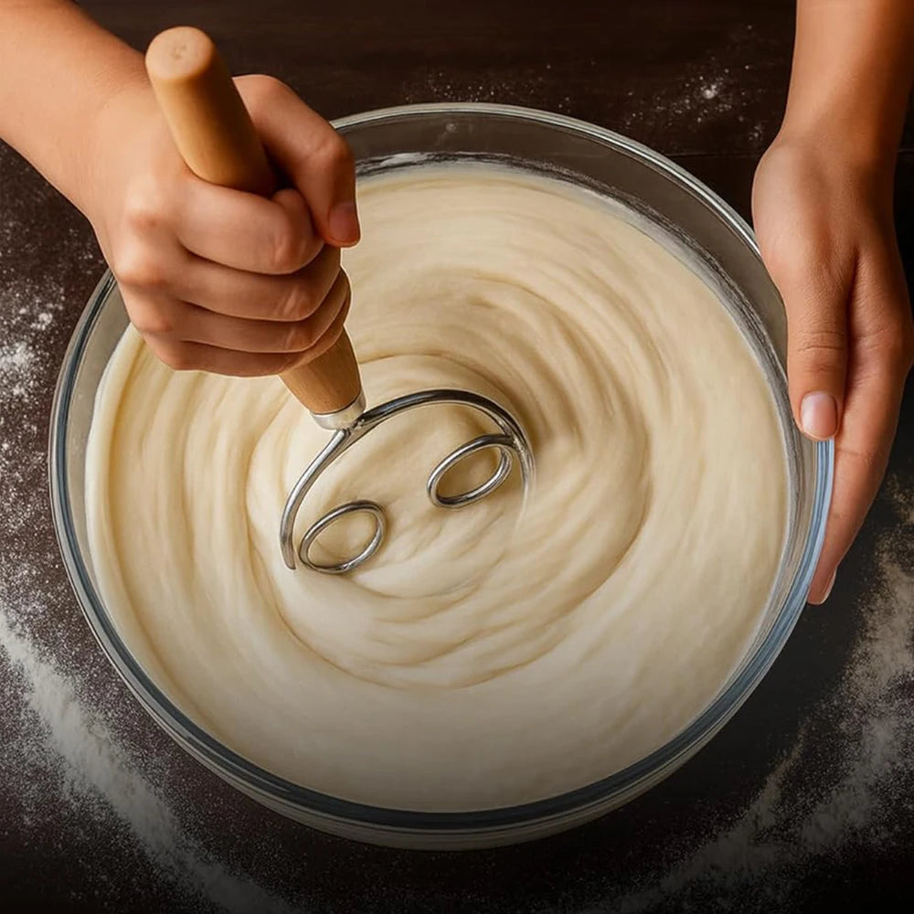 304 Stainless Steel Dough Whisk with Smooth Wooden Handle Sourdough & Bread Mixing 13 Inch Danish Dough Whisk Bread Tools