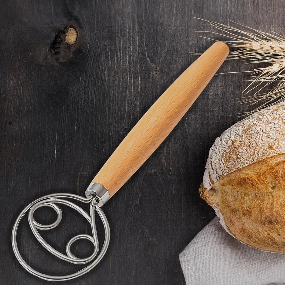304 Stainless Steel Dough Whisk with Smooth Wooden Handle Sourdough & Bread Mixing 13 Inch Danish Dough Whisk Bread Tools