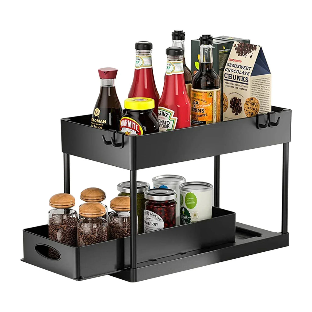 2 Tier Under Sink Sliding Cabinet Basket Organizer Storage Rack with Hooks Hanging Cup Bathroom Multifunctional Storage Rack