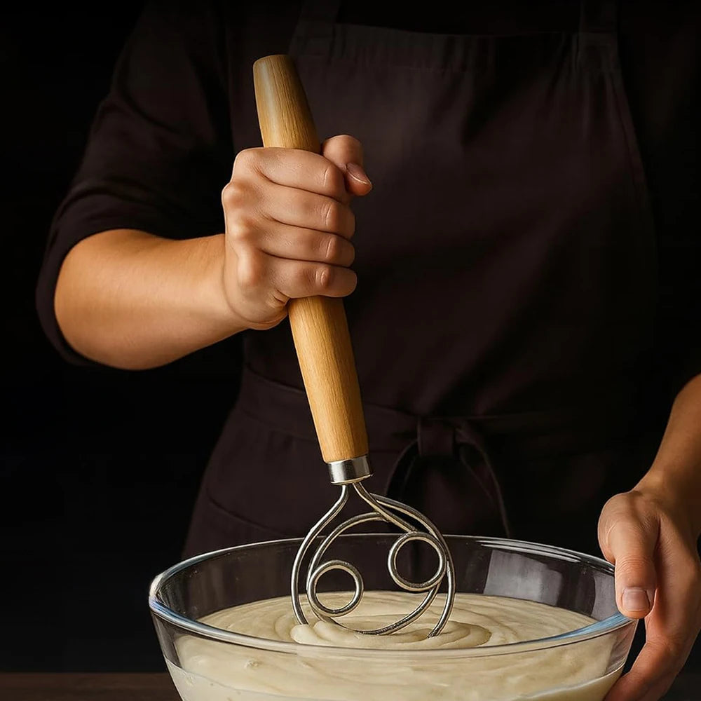 304 Stainless Steel Dough Whisk with Smooth Wooden Handle Sourdough & Bread Mixing 13 Inch Danish Dough Whisk Bread Tools